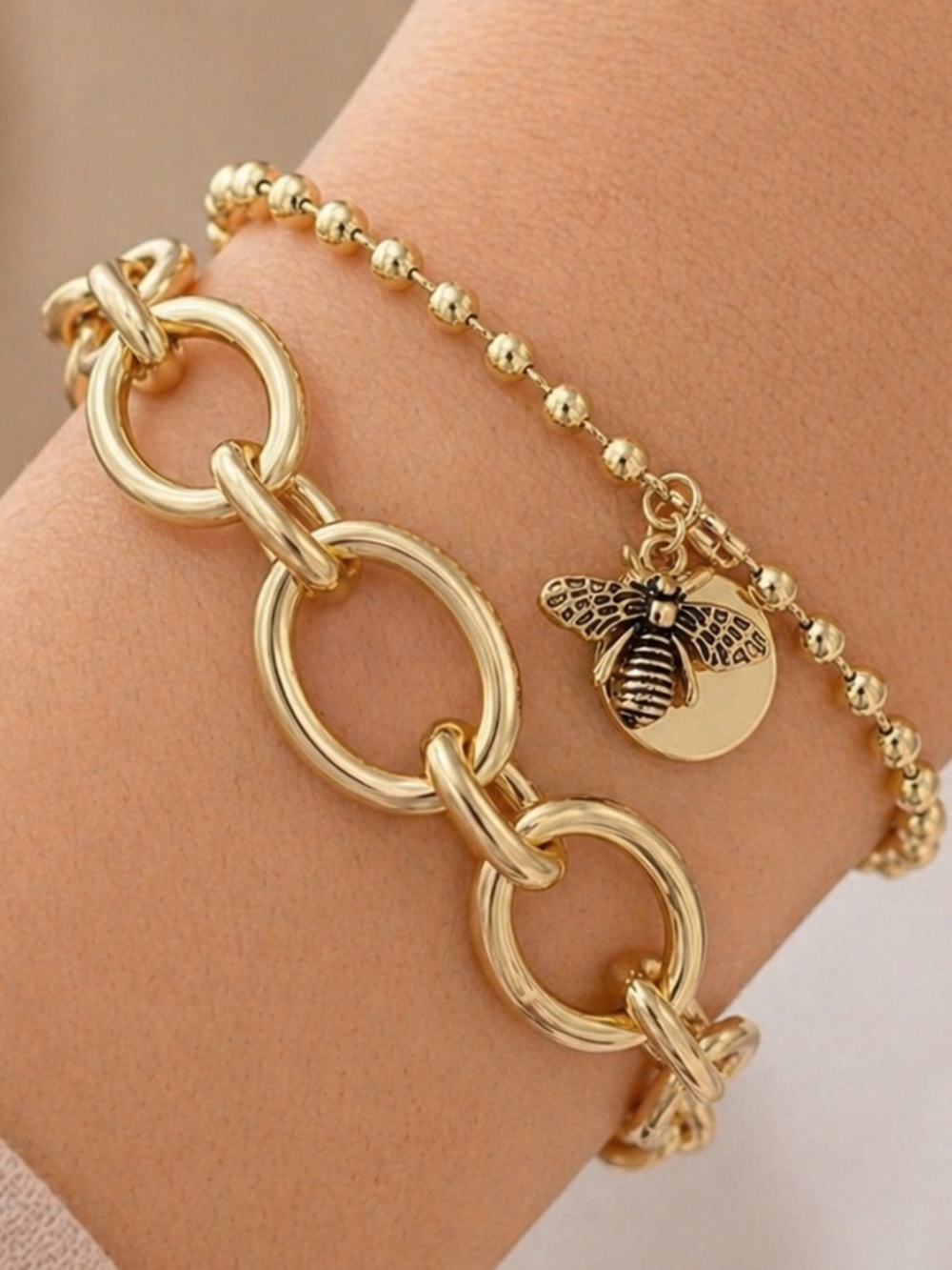 14K Gold Plated Bee Charm Linked Bracelet Set Water Resistant Hypoallergenic
